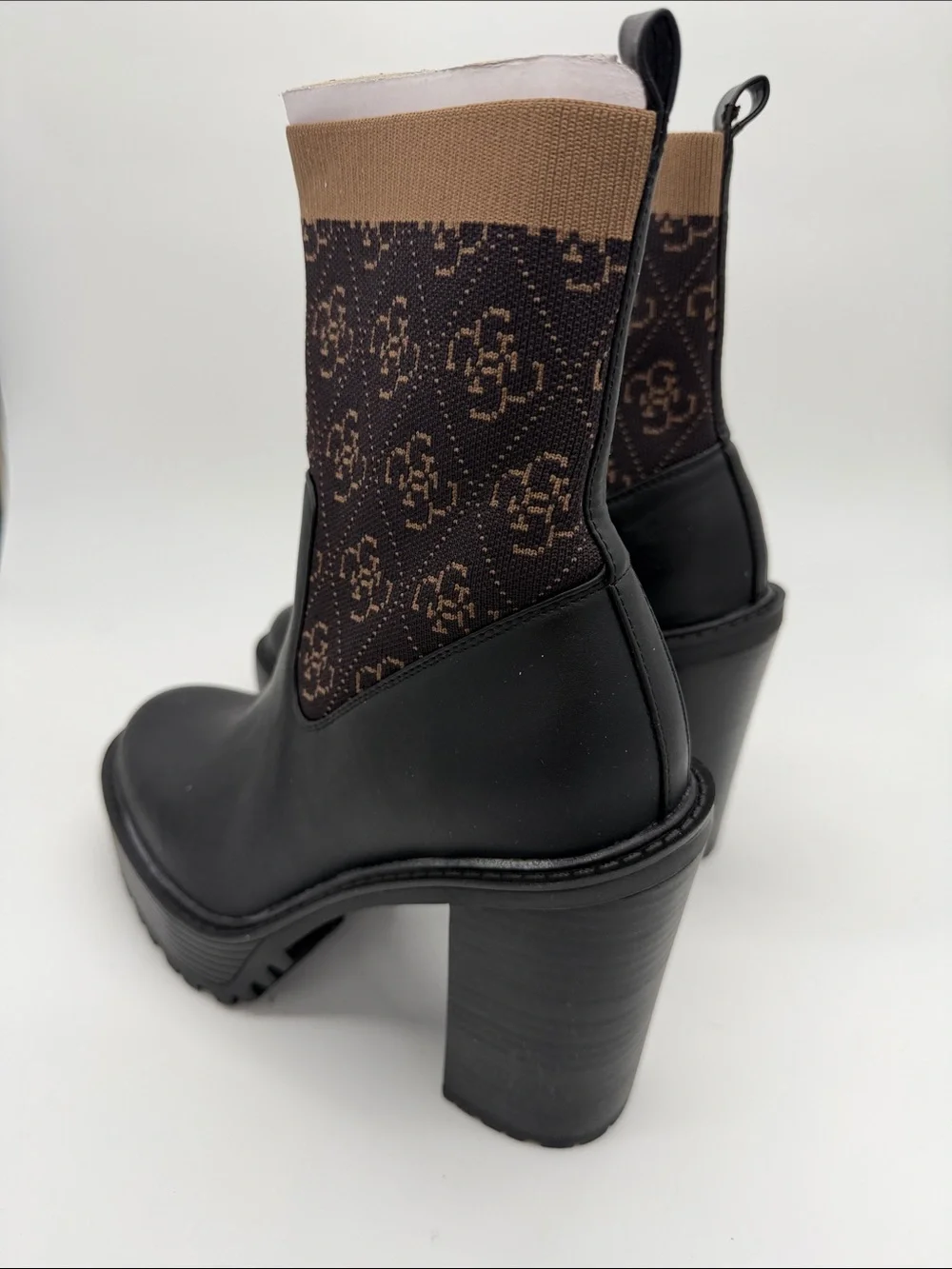 Guess Black Leather Chelsea Booties with Brown Monogram Knit Cuff